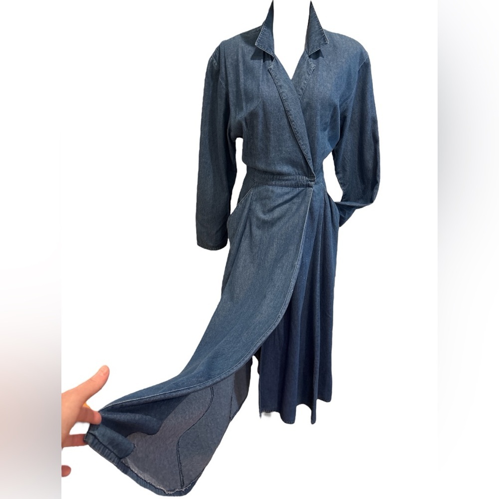 80s CLIFFORD & WILLIS DISTRESSED BLUE DENIM WRAP MAXI DRESS W CIRCLE SKIRT SZ 12 - Picture 3 of 7